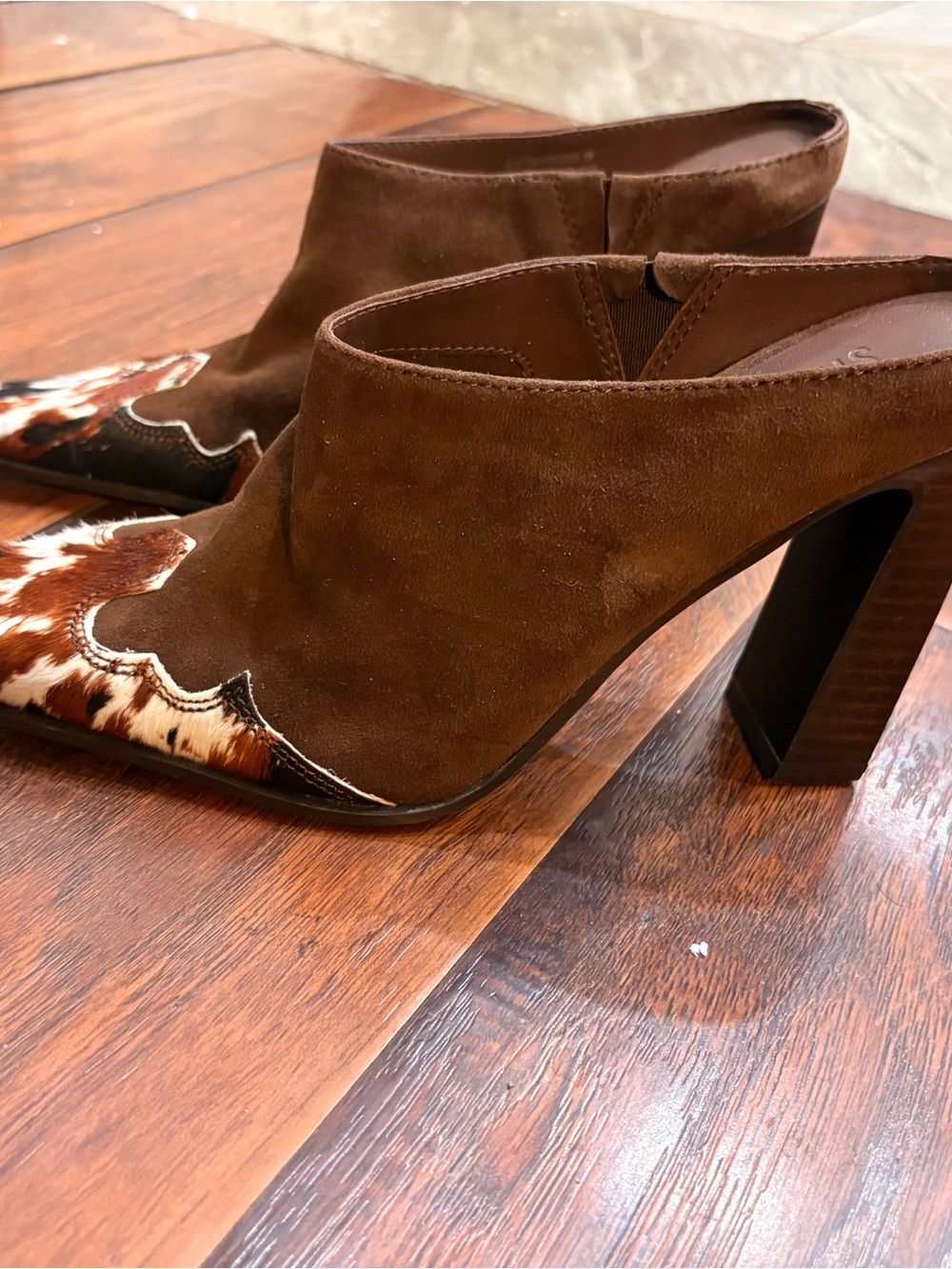 Brown Leather Mule Heels with Cowhide Accent